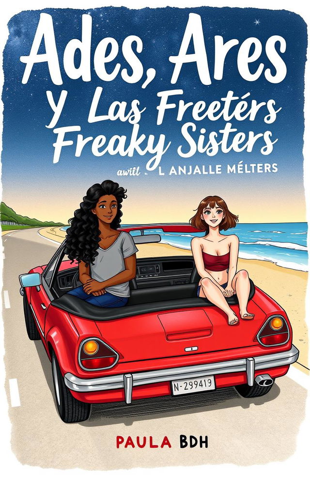 A book cover illustration featuring two heterosexual couples sitting on the hood of a red convertible parked on a nighttime beachside road