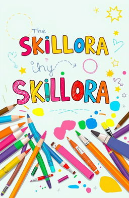 A whimsical cover page design titled 'SKILLORA', featuring a vibrant assortment of art supplies like colored pencils, markers, paint tubes, and brushes scattered around
