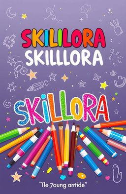 A whimsical cover page design titled 'SKILLORA', featuring a vibrant assortment of art supplies like colored pencils, markers, paint tubes, and brushes scattered around