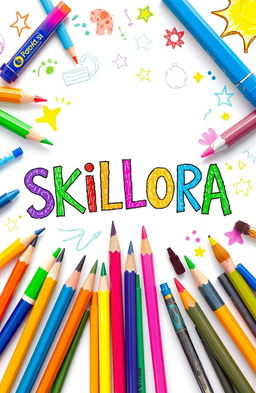 A whimsical cover page design titled 'SKILLORA', featuring a vibrant assortment of art supplies like colored pencils, markers, paint tubes, and brushes scattered around