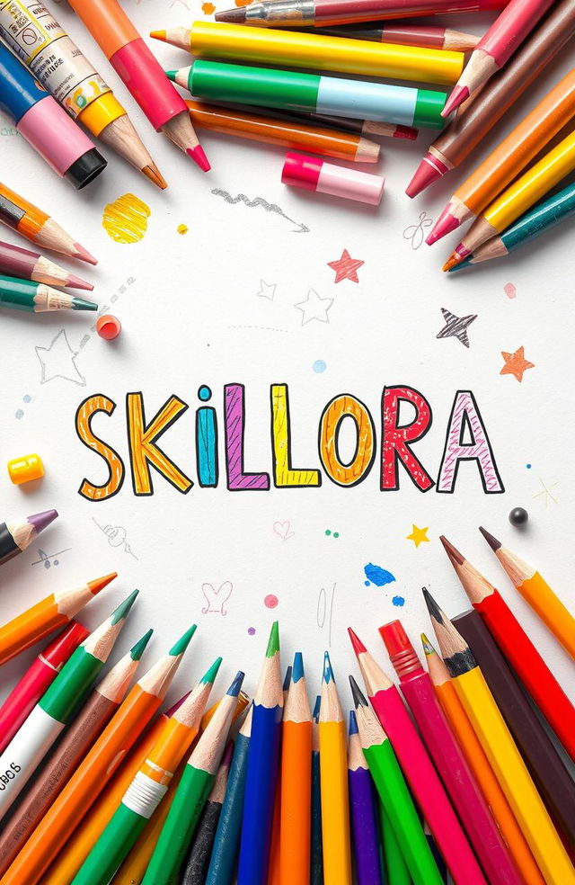 A whimsical cover page design titled 'SKILLORA', featuring a vibrant assortment of art supplies like colored pencils, markers, paint tubes, and brushes scattered around