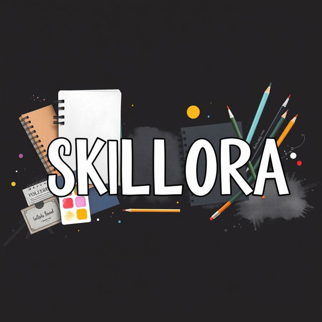 A creative cover page design titled 'SKILLORA', showcasing an arrangement of sophisticated art supplies such as sketchbooks, watercolor palettes, graphite pencils, and markers placed artistically around the title