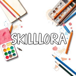 A creative cover page design titled 'SKILLORA', showcasing an arrangement of sophisticated art supplies such as sketchbooks, watercolor palettes, graphite pencils, and markers placed artistically around the title