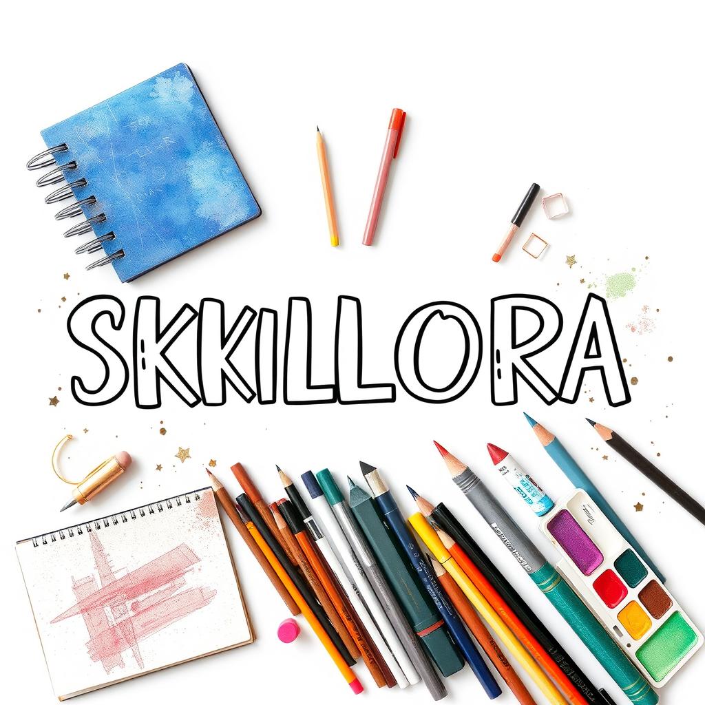 A creative cover page design titled 'SKILLORA', showcasing an arrangement of sophisticated art supplies such as sketchbooks, watercolor palettes, graphite pencils, and markers placed artistically around the title