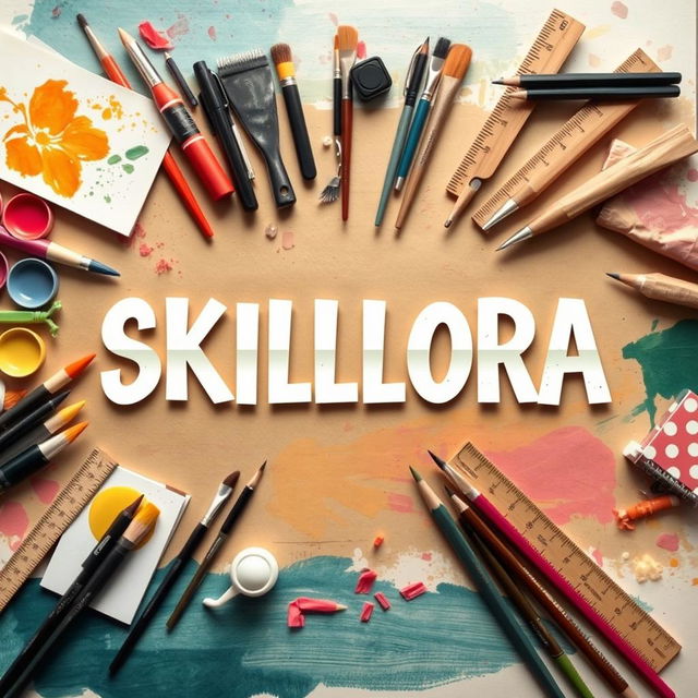 A stylish cover page design titled 'SKILLORA', featuring an artistic layout of various art materials such as sketch pads, acrylic paints, brushes, charcoal pencils, and rulers, creatively arranged around the title