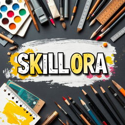 A stylish cover page design titled 'SKILLORA', featuring an artistic layout of various art materials such as sketch pads, acrylic paints, brushes, charcoal pencils, and rulers, creatively arranged around the title
