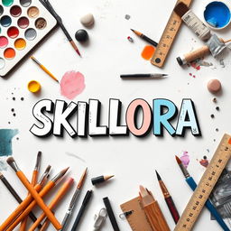 A stylish cover page design titled 'SKILLORA', featuring an artistic layout of various art materials such as sketch pads, acrylic paints, brushes, charcoal pencils, and rulers, creatively arranged around the title