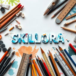 A stylish cover page design titled 'SKILLORA', featuring an artistic layout of various art materials such as sketch pads, acrylic paints, brushes, charcoal pencils, and rulers, creatively arranged around the title