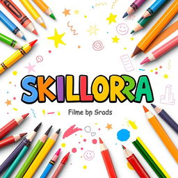 A cheerful cover page design titled 'SKILLORA', featuring a colorful arrangement of simple art materials such as crayons, colored pencils, paint brushes, and sketch pads around the title