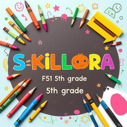 A cheerful cover page design titled 'SKILLORA', featuring a colorful arrangement of simple art materials such as crayons, colored pencils, paint brushes, and sketch pads around the title