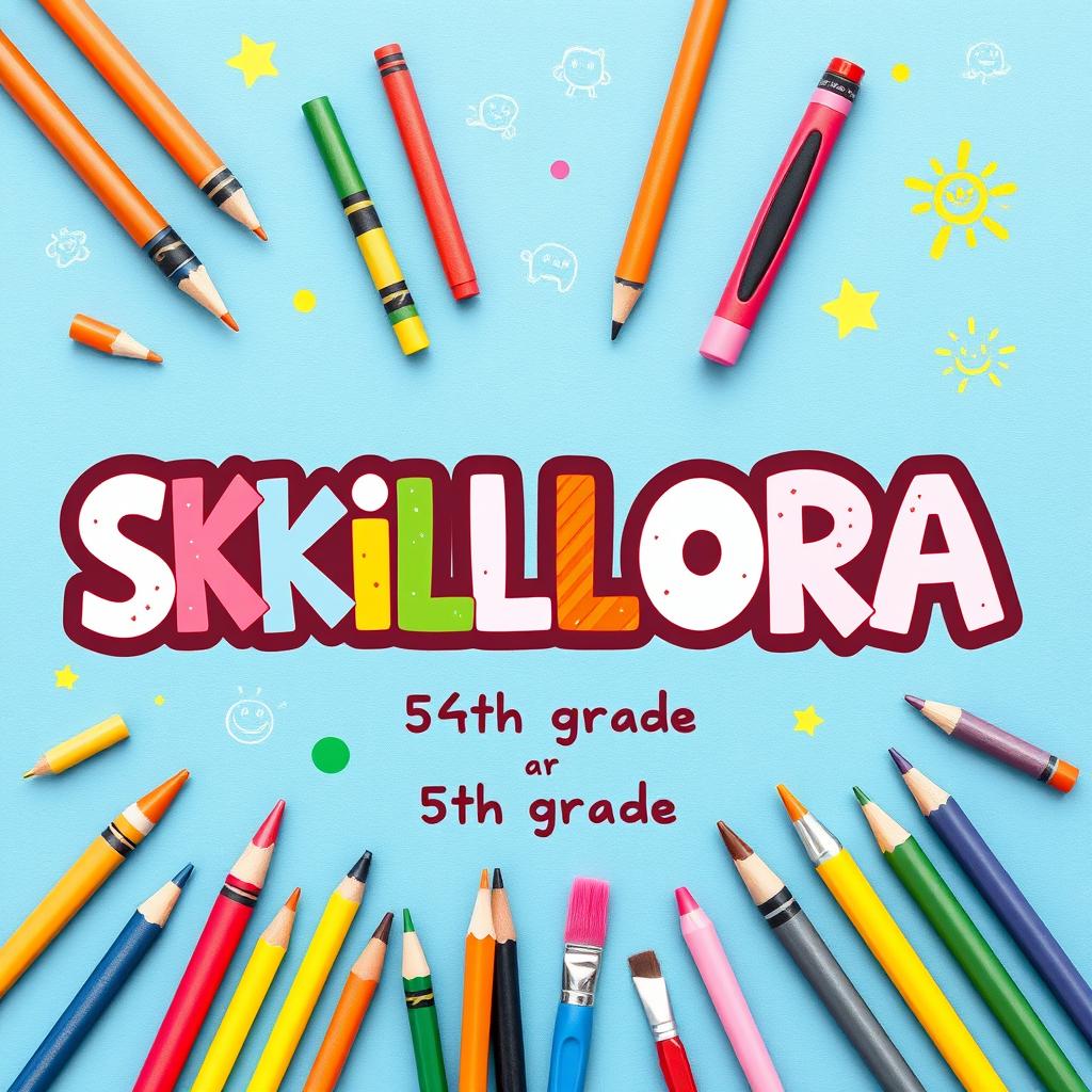 A cheerful cover page design titled 'SKILLORA', featuring a colorful arrangement of simple art materials such as crayons, colored pencils, paint brushes, and sketch pads around the title