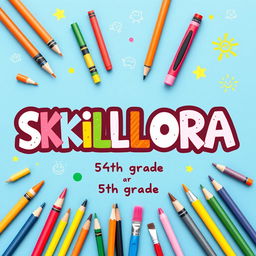 A cheerful cover page design titled 'SKILLORA', featuring a colorful arrangement of simple art materials such as crayons, colored pencils, paint brushes, and sketch pads around the title