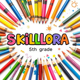 A cheerful cover page design titled 'SKILLORA', featuring a colorful arrangement of simple art materials such as crayons, colored pencils, paint brushes, and sketch pads around the title