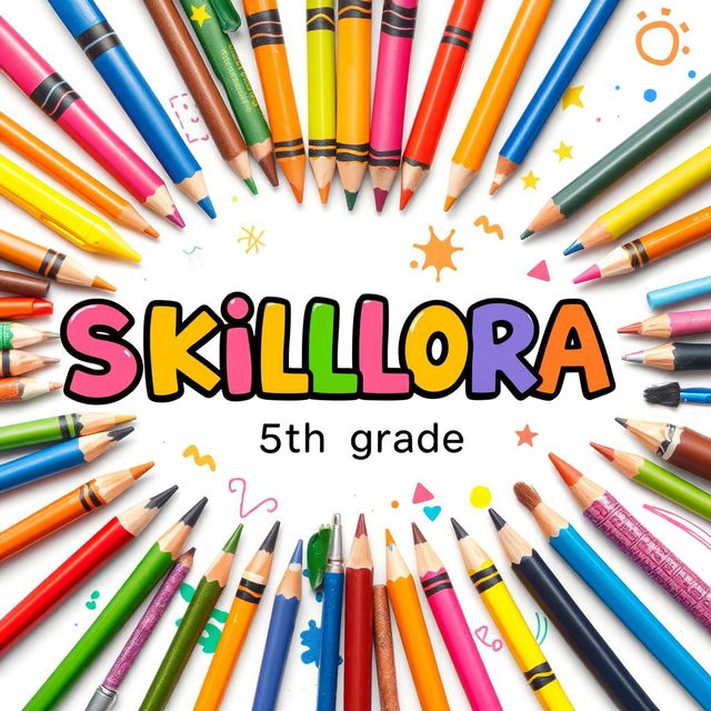 A cheerful cover page design titled 'SKILLORA', featuring a colorful arrangement of simple art materials such as crayons, colored pencils, paint brushes, and sketch pads around the title