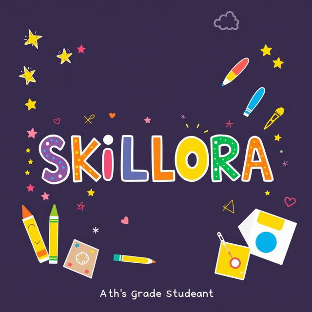 A whimsical cover page design titled 'SKILLORA', featuring playful and colorful illustrations that represent creativity and learning