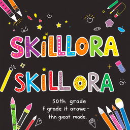 A whimsical cover page design titled 'SKILLORA', featuring playful and colorful illustrations that represent creativity and learning