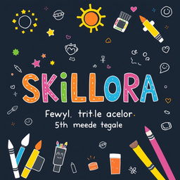 A whimsical cover page design titled 'SKILLORA', featuring playful and colorful illustrations that represent creativity and learning
