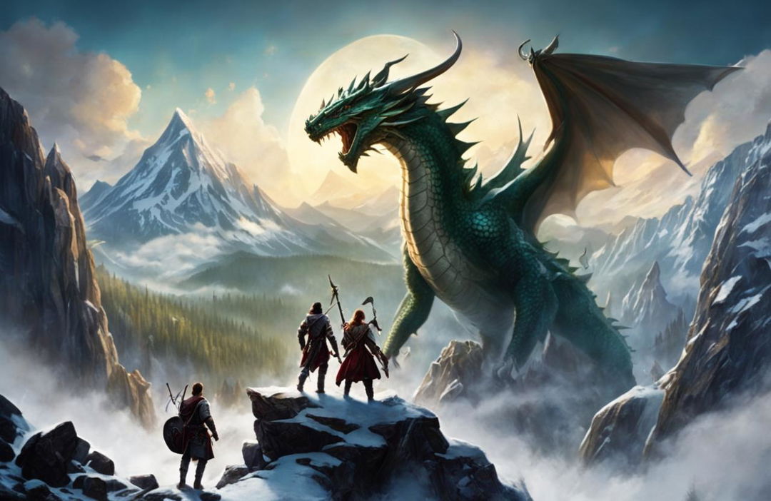 A cinematic Dungeons and Dragons advertisement featuring a diverse group of adventurers in a high fantasy realm with mountains, forests, a soaring dragon and an imposing castle