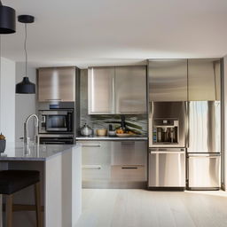 A modern, fully equipped kitchen with gleaming surfaces, stainless steel appliances, and natural light.