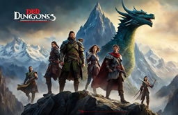 A cinematic Dungeons and Dragons advertisement featuring a diverse group of adventurers in a high fantasy realm with mountains, forests, a soaring dragon and an imposing castle