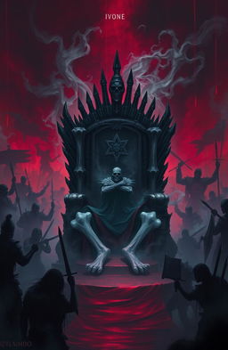 A dramatic scene depicting a throne made of bones and engulfed in shadows, surrounded by swirling mist and tears, symbolizing conflict and despair