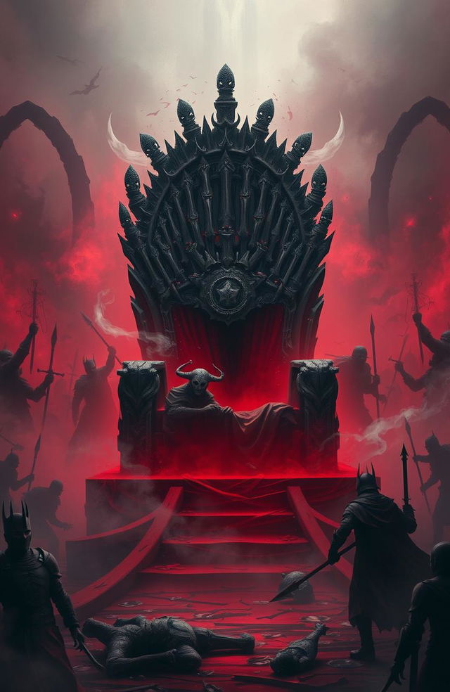 A dramatic scene depicting a throne made of bones and engulfed in shadows, surrounded by swirling mist and tears, symbolizing conflict and despair