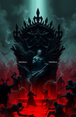 A dramatic scene depicting a throne made of bones and engulfed in shadows, surrounded by swirling mist and tears, symbolizing conflict and despair