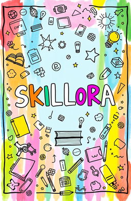 An imaginative and colorful cover page design for the title 'SKILLORA', hand-drawn as if created by a creative 9th grade student