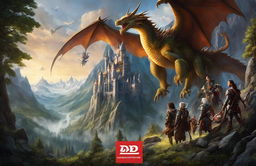 A cinematic Dungeons and Dragons advertisement featuring a diverse group of adventurers in a high fantasy realm with mountains, forests, a soaring dragon and an imposing castle