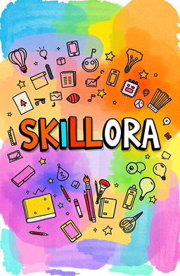 An imaginative and colorful cover page design for the title 'SKILLORA', hand-drawn as if created by a creative 9th grade student