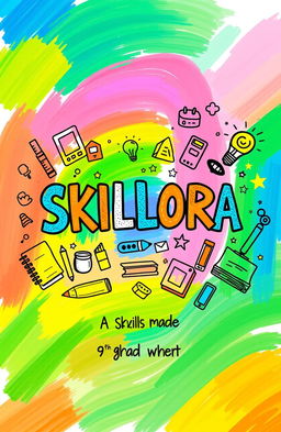 An imaginative and colorful cover page design for the title 'SKILLORA', hand-drawn as if created by a creative 9th grade student
