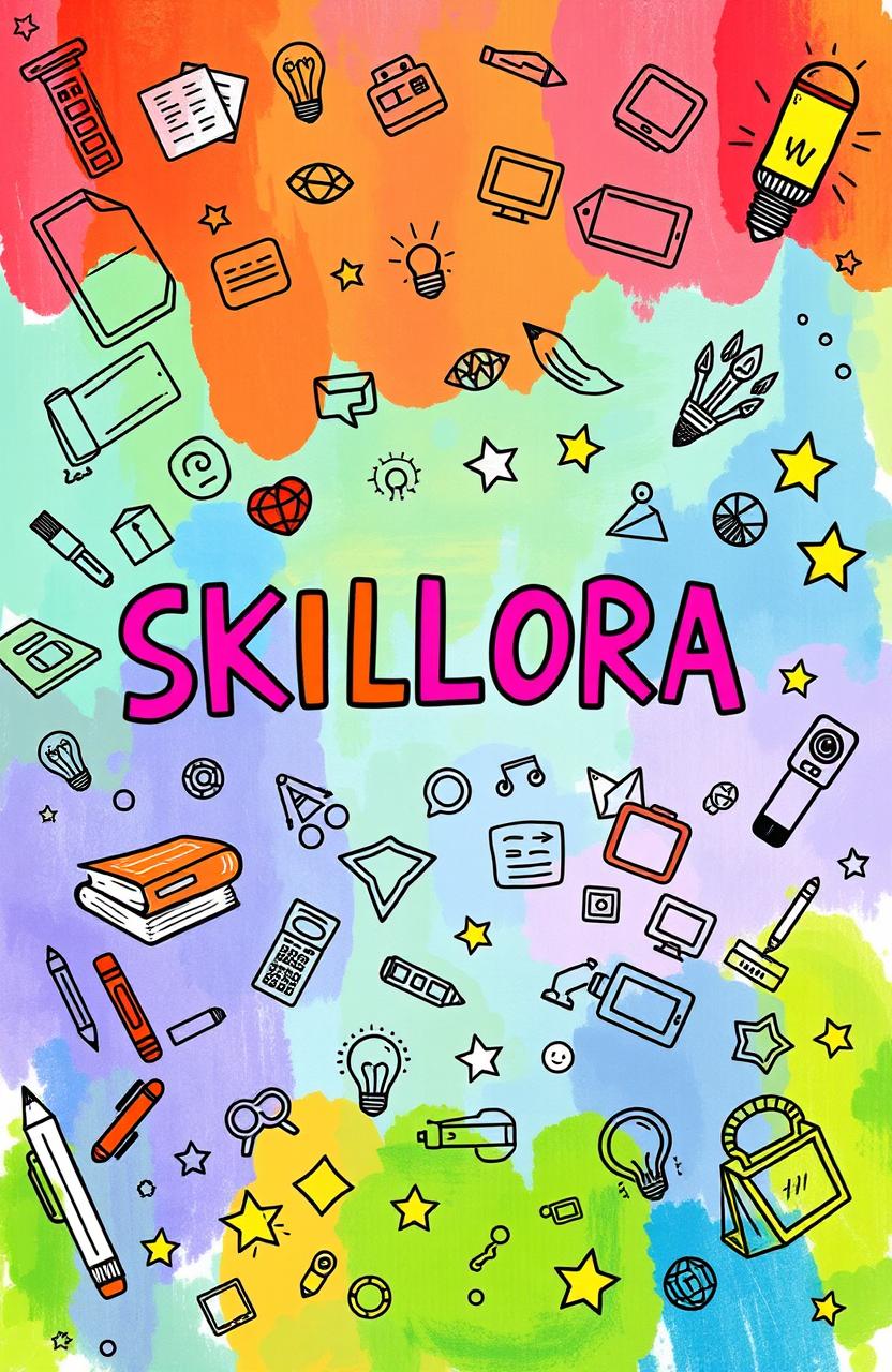 An imaginative and colorful cover page design for the title 'SKILLORA', hand-drawn as if created by a creative 9th grade student