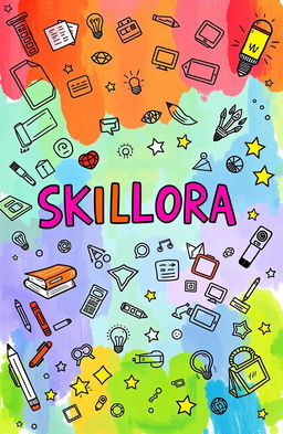 An imaginative and colorful cover page design for the title 'SKILLORA', hand-drawn as if created by a creative 9th grade student