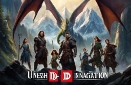 A cinematic Dungeons and Dragons advertisement featuring a diverse group of adventurers in a high fantasy realm with mountains, forests, a soaring dragon and an imposing castle