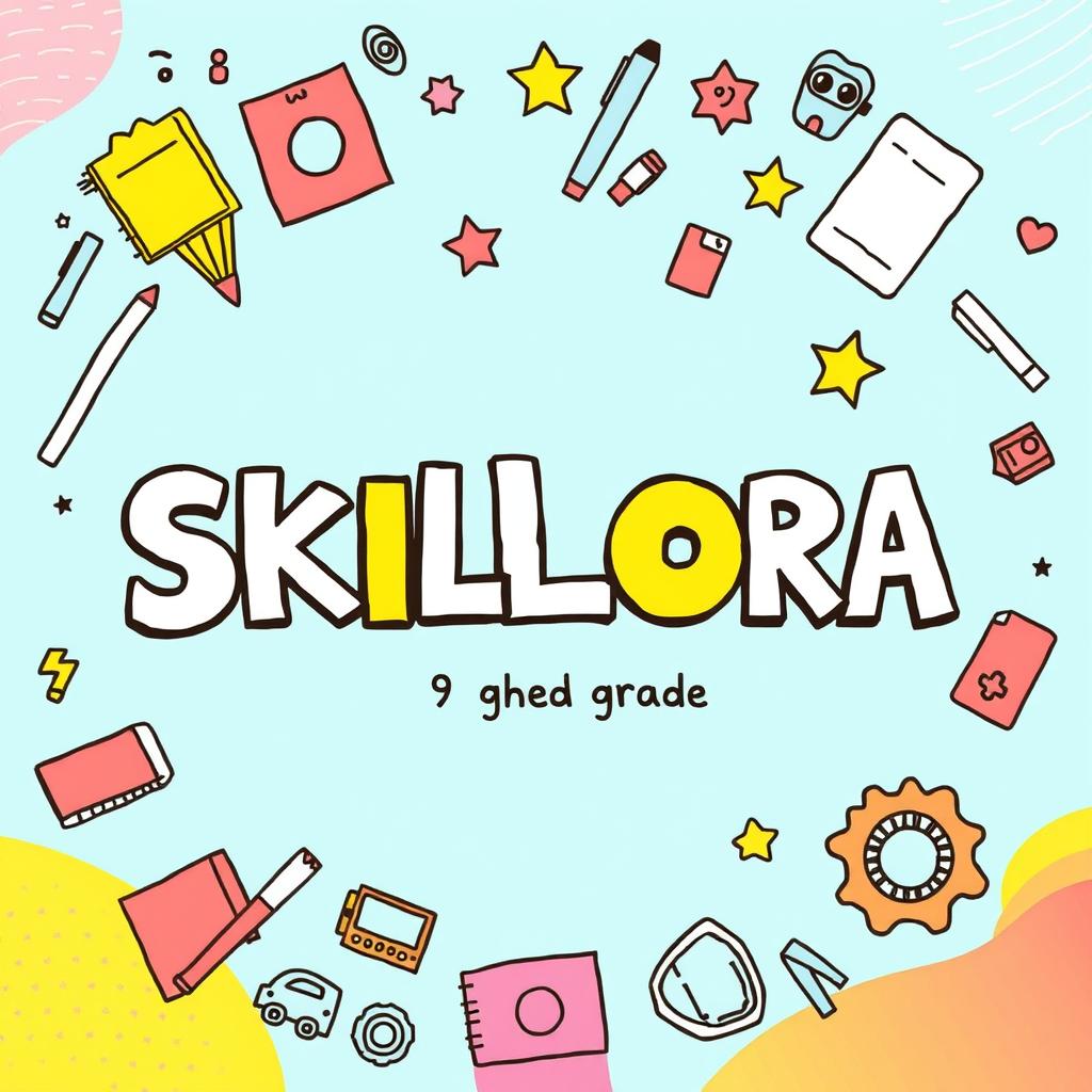 A vibrant and engaging cover page for the title 'SKILLORA', designed to resemble a project created by a 9th grade student