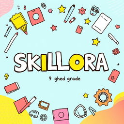 A vibrant and engaging cover page for the title 'SKILLORA', designed to resemble a project created by a 9th grade student