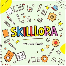 A vibrant and engaging cover page for the title 'SKILLORA', designed to resemble a project created by a 9th grade student