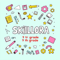 A vibrant and engaging cover page for the title 'SKILLORA', designed to resemble a project created by a 9th grade student