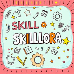 A vibrant and engaging cover page for the title 'SKILLORA', designed to resemble a project created by a 9th grade student