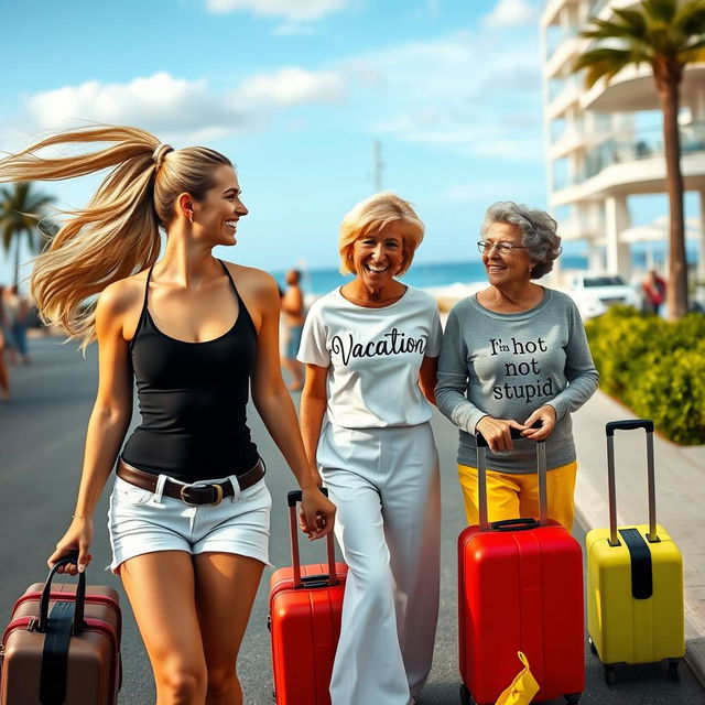 A lively scene of three women walking happily down the street towards the beach