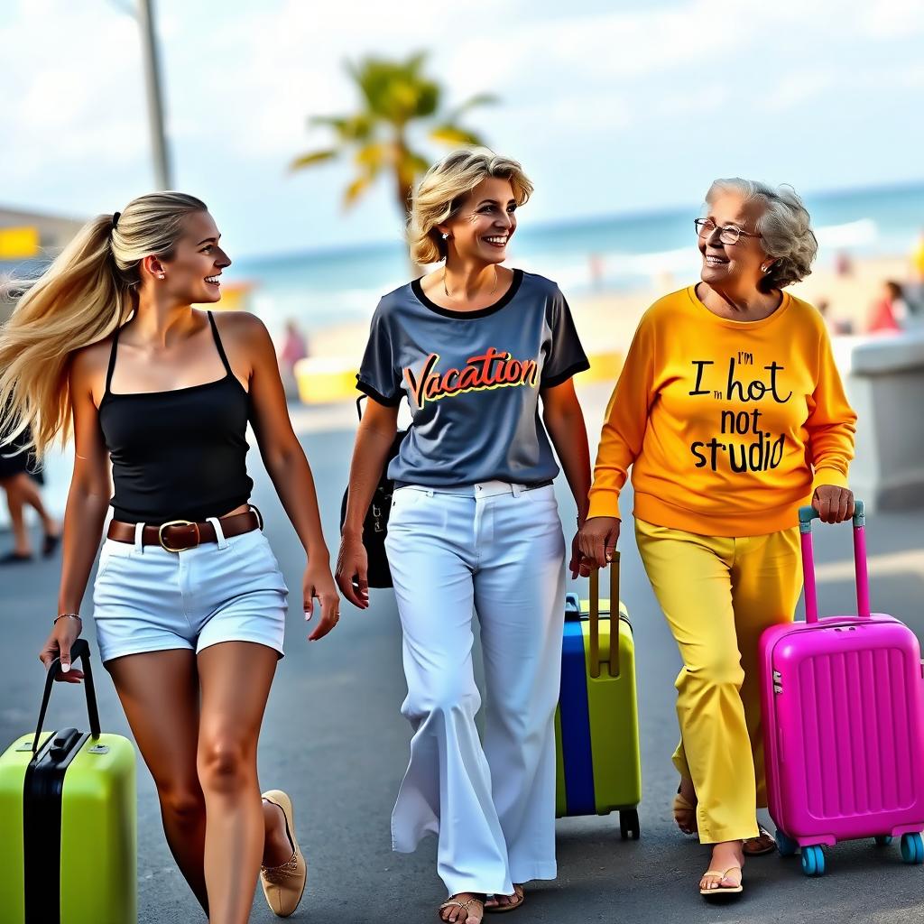 A lively scene of three women walking happily down the street towards the beach