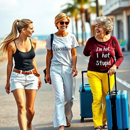 A lively scene of three women walking happily down the street towards the beach