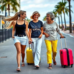 A lively scene of three women walking happily down the street towards the beach