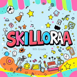 A vibrant and engaging cover page design for the title 'SKILLORA', illustrated in a style that reflects a 9th grade student's creativity and imagination