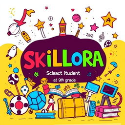 A vibrant and engaging cover page design for the title 'SKILLORA', illustrated in a style that reflects a 9th grade student's creativity and imagination