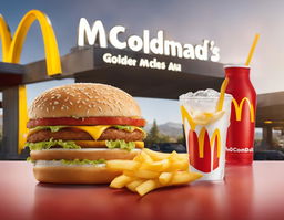 McDonald's ad featuring golden arches logo, Big Mac, fries, and soft drink.