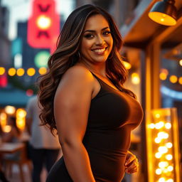 A mature curvy woman with an alluring smile, wearing a stylish form-fitting dress that emphasizes her curves