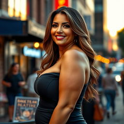 A mature curvy woman with an alluring smile, wearing a stylish form-fitting dress that emphasizes her curves