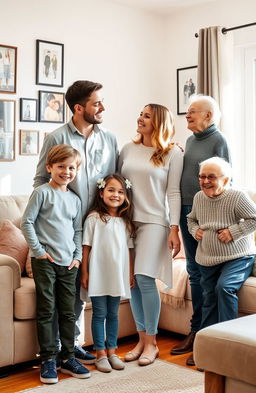 A warm family scene featuring a couple, a boy and a girl, standing together in a cozy living room