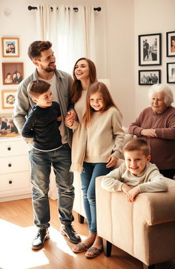 A warm family scene featuring a couple, a boy and a girl, standing together in a cozy living room